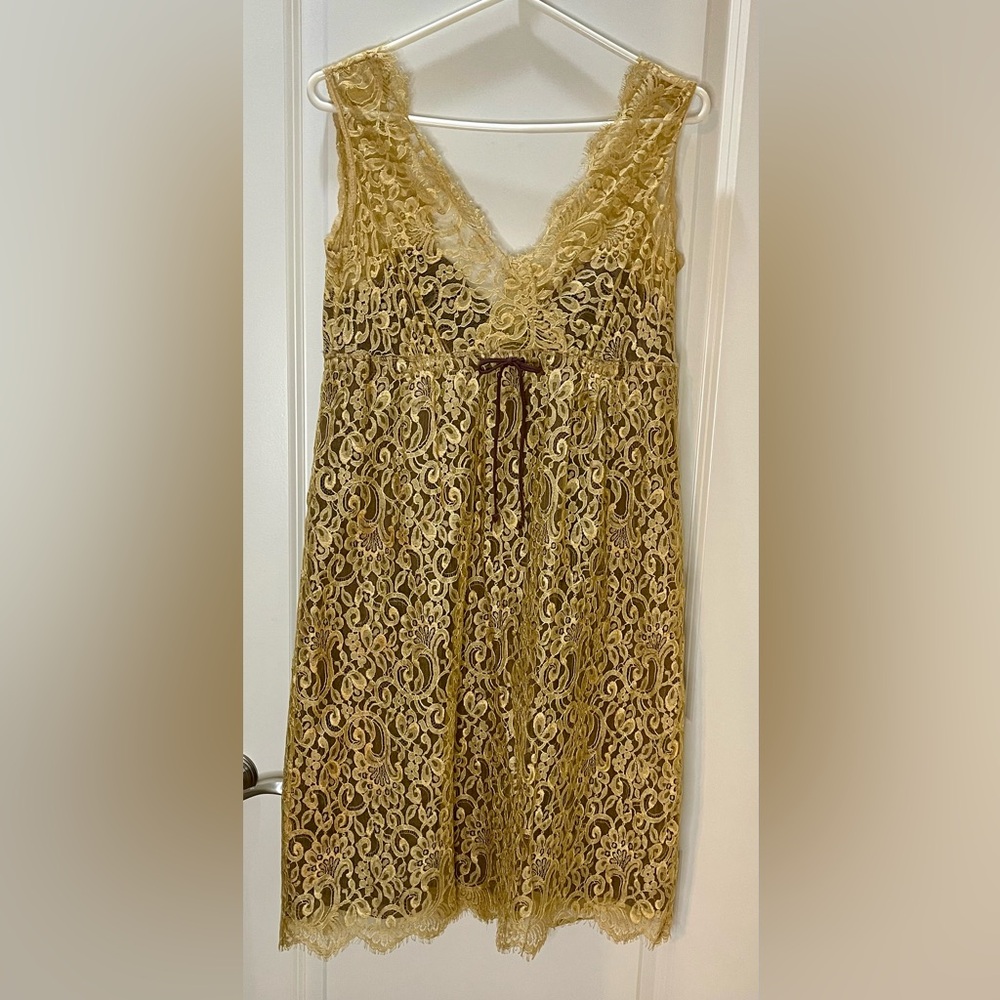 Nicole Miller Gold Lace Party Dress Vintage Babydoll Style Lined Size 16